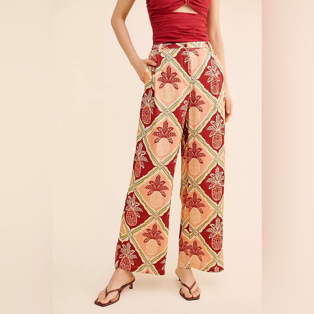 NWT Anthropologie Farm Rio Pineapple Satin Wide Leg Pants- Medium‎
